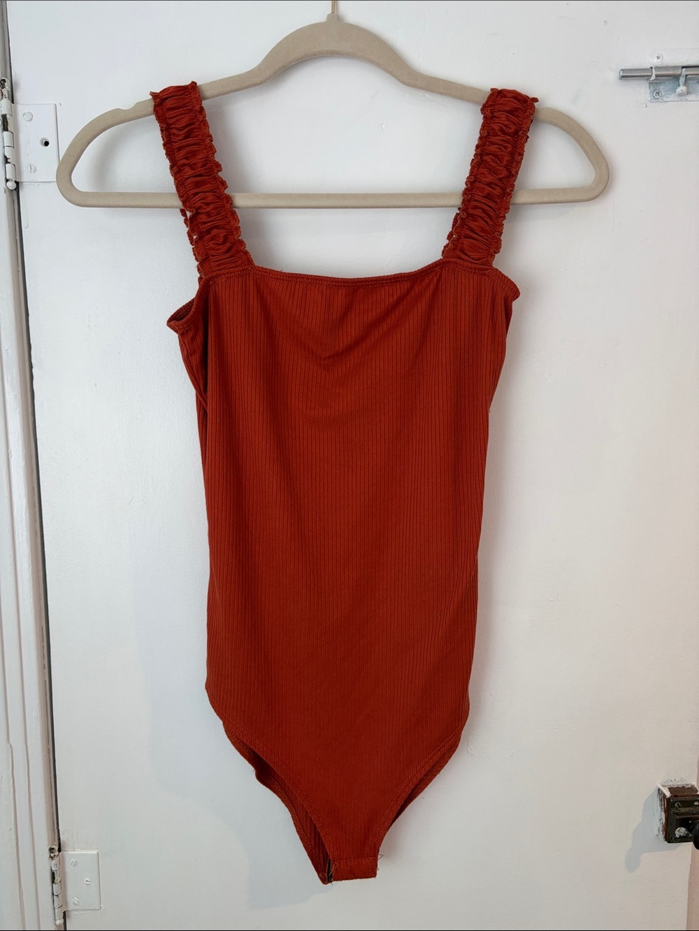 gaze Burnt Orange Ribbed Ruched-Strap Bodysuit